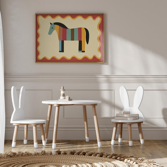 Poster Kinderzimmer Pferd · Bunt gestreiftes Pferd · Farbenfrohe Deko für Mädchen & Jungen · Fröhliches Tierposter Dekoprint ohne Rahmen