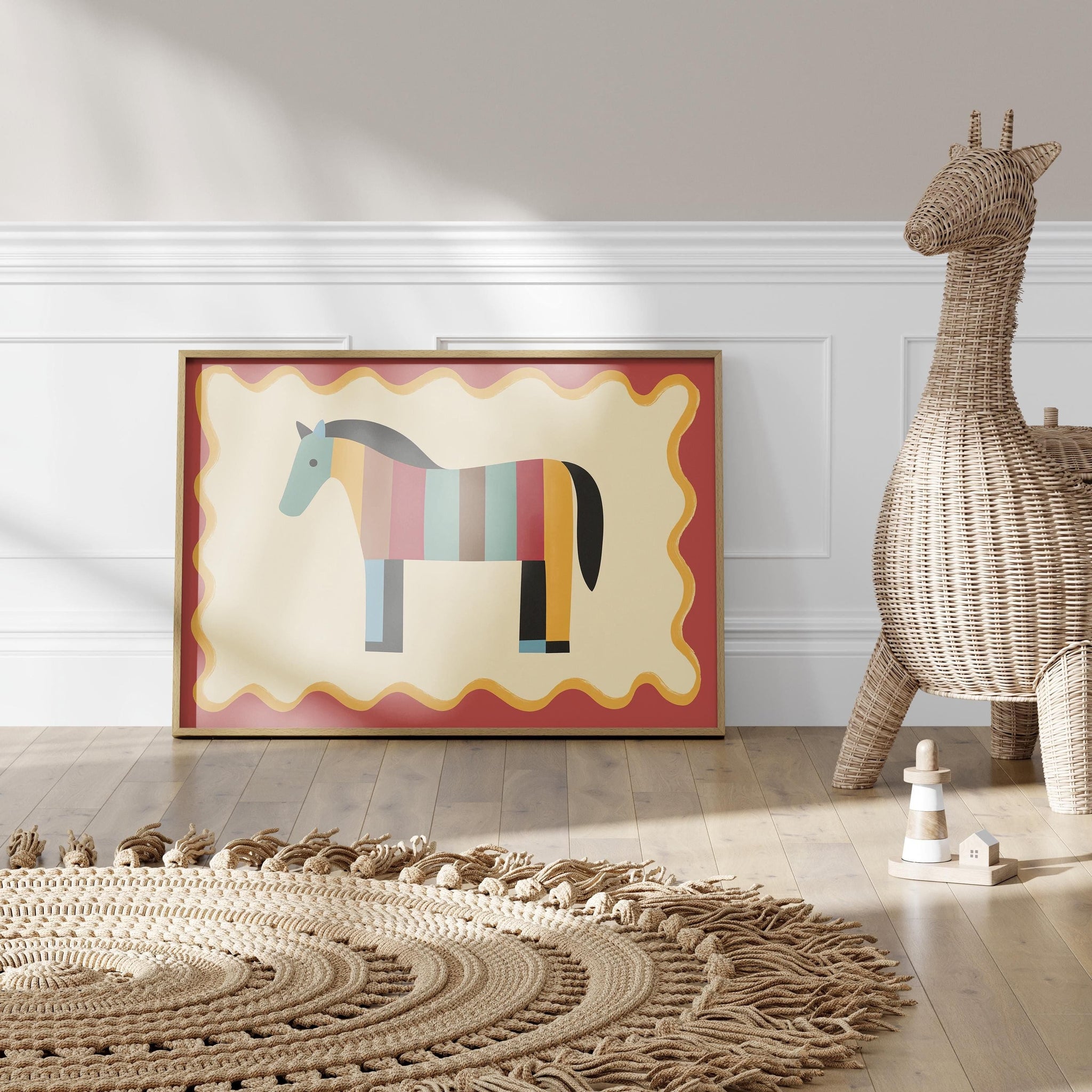 Poster Kinderzimmer Pferd · Bunt gestreiftes Pferd · Farbenfrohe Deko für Mädchen & Jungen · Fröhliches Tierposter Dekoprint ohne Rahmen
