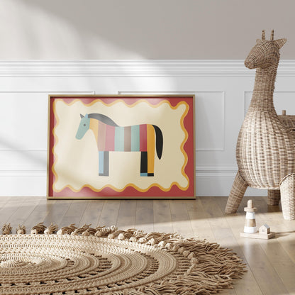 Poster Kinderzimmer Pferd · Bunt gestreiftes Pferd · Farbenfrohe Deko für Mädchen & Jungen · Fröhliches Tierposter Dekoprint ohne Rahmen